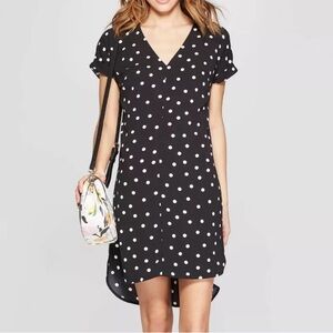 A New Day Black & White Polka Dot Dress Ladies M V Neck Short Sleeve Shift